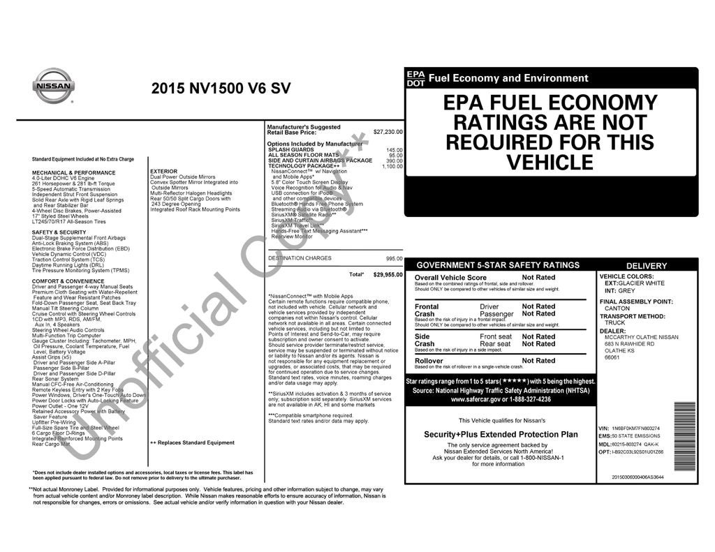 2015 Nissan NV1500 SV